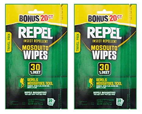 Repel 94100 Sportsmen 30-Percent Deet Mosquito Repellent Wipes, 2 Packs of 20 Count - 40 Total!