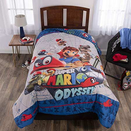 Nintendo Super Mario Odyssey Soft Microfiber Reversible Comforter, Twin/Full 72” X 86”, Blue/Grey