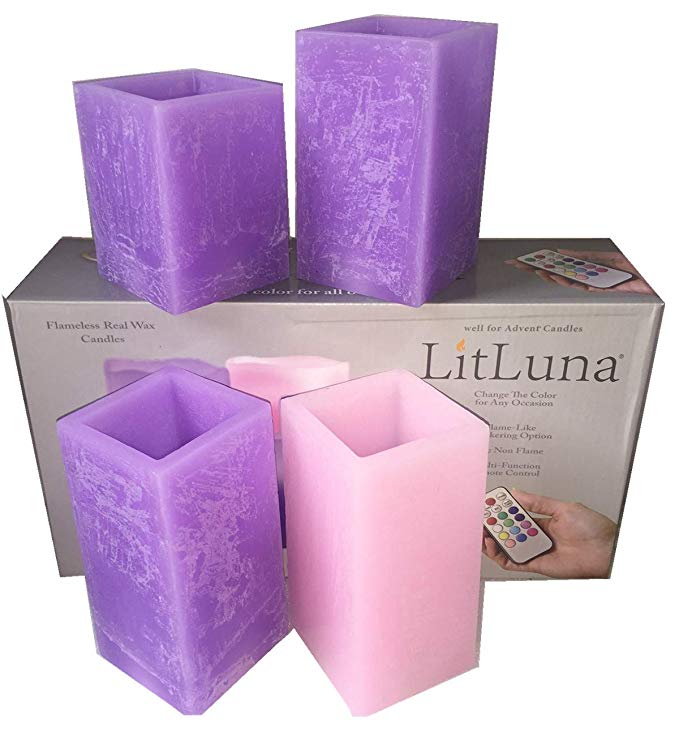 Advent Led Candles Gift Set of 4- Real Wax Square Battery Candles with Rustic Texture- Assort. 3pcs Purple & 1PC Pink -Unscent