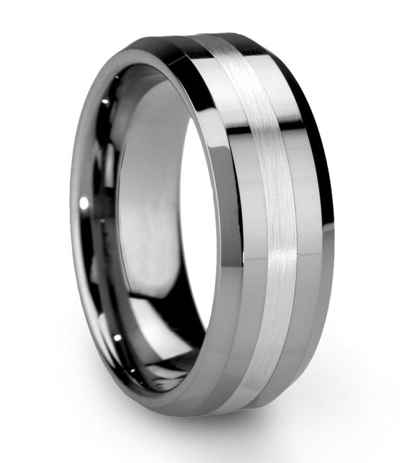 King Will Men's 8mm Tungsten Ring One Tone Matte Finish Brushed Center Wedding Band Beveled Edge