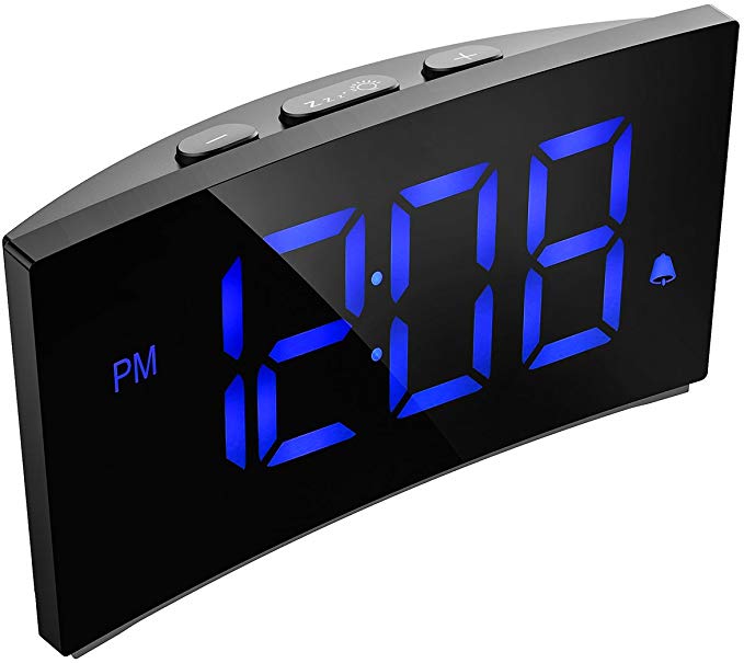 PICTEK Digital Alarm Clock, 5" Curved Dimmable LED Screen, Digital Alarm Clock with Ultra-Clear White Large Number, 6 Brightness, Snooze, 12/24H, Alarm Clock for Bedroom Office, Blue (NO Adapter)