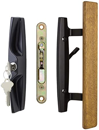 Lanai Sliding Glass Door Handle and Mortise Lock Set with Oak Wood Pull in Black Finish, Includes Key Cylinder, Standard 3-15/16” CTC Screw Holes, 1-3/4" Door Thickness