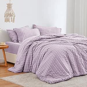 Love's cabin Seersucker Lavender King Size Comforter Set 7 Pieces, All Season Bedding Set, King Bed in a Bag Comforter Set with Comforter, Flat Sheet, Fitted Sheet, Pillowcase and Pillow Sham