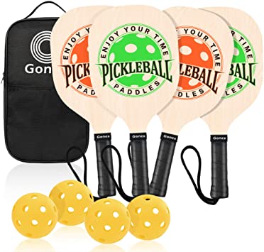 Gonex Wooden Pickleball Paddle Set with 4 Wood Pickleball Rackets, 4 Pickle Balls & 1 Pickleball Bag-7-ply Basswood, Wide Body Pickleball Racquet for Kids & Beginners