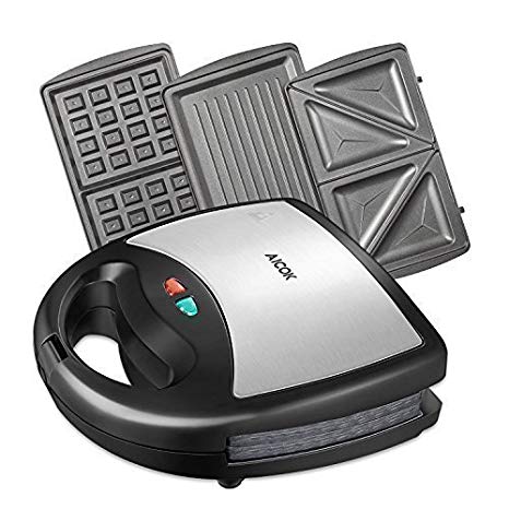 Aicok Sandwich Toaster, Sandwich Press, Waffle Maker 3 in 1, Detachable Non-Stick Coating, 750-Watts, Stainless Steel, Silver