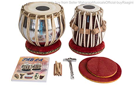 MAHARAJA Basic Tabla Set, Student Tabla Set, Steel Bayan, Dayan with Book, Hammer, Cushions & Cover - Perfect Tablas for Students and Beginners on Budget, Tabla Drums, Indian Hand Drums (PDI-IB)