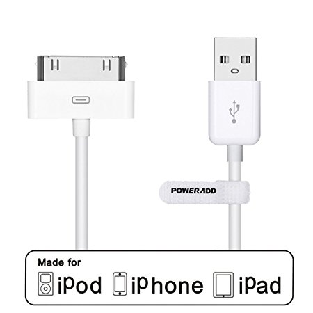 [Apple MFi Certified] Poweradd 30 Pin USB Charging and Sync Dock Connector Data Cable for iPhone 4S / 4, iPad 1 / 2 / 3, iPod Touch, iPod Nano - 4.0 Feet / 1.2 Meters (White)