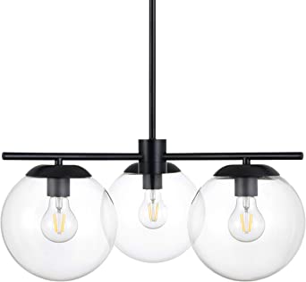 Caserti Mid Century Modern 3 Light Hanging Ceiling Chandelier Light Fixture | Black with Clear Glass Globes Pendant Lighting LL-C607-5BLK