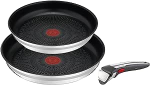 Jamie Oliver by Tefal 3-teiliges Ingenio Pfannen-Set, 1 abnehmbarer Griff, 2 Antihaft-Pfannen, Edelstahl, Induktion, ofenfest, platzsparend, L9769173