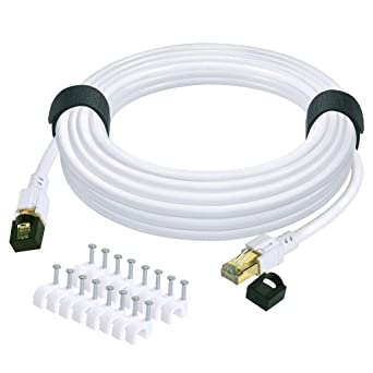 Cat 8 Ethernet Cable 65ft Internet Network LAN Patch Cable Cord Shielded High Speed 40Gbps 2000Mhz RJ45 Cables for Gaming, Router, PS4, Xbox - Compatible with Cat7/Cat6a/Cat5e Network - White