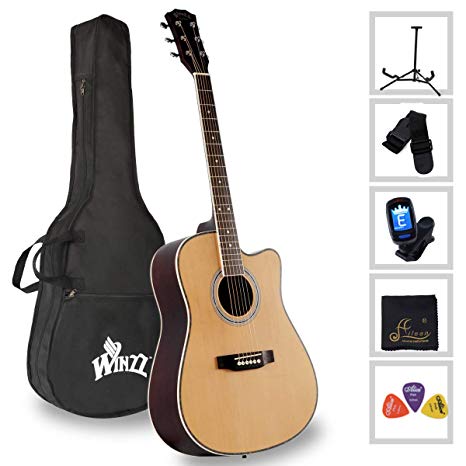 Acoustic Guitar Full Size 41-inch Spruce Cutaway Guitar Beginner Starter Students Kids Bundle with Gig Bag, Stand, Tuner, Picks, Strap