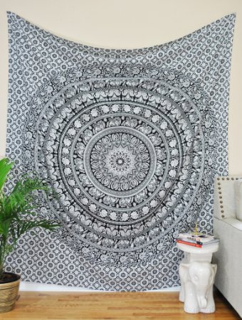 Craft N Craft India Tapestry Twin Black and White Hippie Elephant Mandala Tapestry Indian Traditional Beach Throw Wall College Dorm Bohemian Wall Hanging Boho Twin Bedspread Tapestries (Black &White)