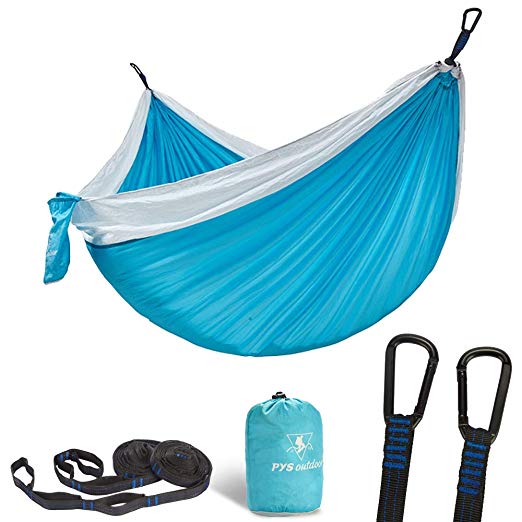 pys Double Portable Camping Hammock with Straps Outdoor -Nylon Parachute Hammock with Tree Straps Set with Max 1200 lbs Breaking Capacity, for Backpacking, Hiking, Travel (Lake Blue White)