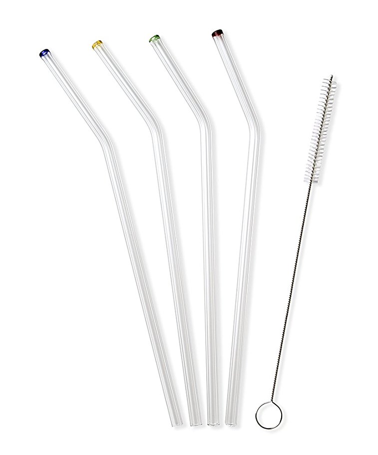 Transcendence Extra Long 12" Angled Glass Straws Color-tipped 4-pack with Nylon Cleaning Brush