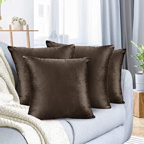 Nestl Bedding Throw Pillow Cover 16” x 16” Soft Square Decorative Throw Pillow Covers Cozy Velvet Cushion Case for Sofa Couch Bedroom, Set of 4, Chocolate Brown