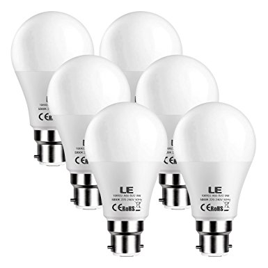 LE 6 Pack B22 LED Bulbs, 60W Incandescent Bulbs Equivalent, 9W 800lm A60, Daylight White, 5000K, BC Bayonet LED Light Bulbs