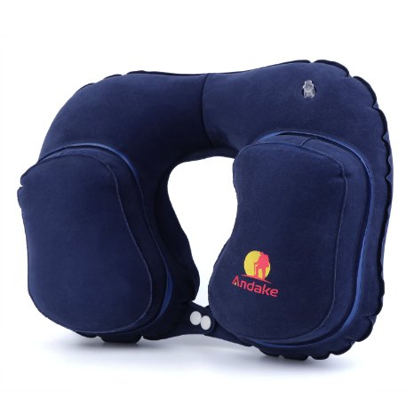 Andake Travel Pillow Neck Inflatable Best Travel Head Rest Pillow for Airplanes Cars Buses Trains Home or Office Snaps with U Shaped Reversible Design and Super Soft Surface Neck Pillow in Navy Blue