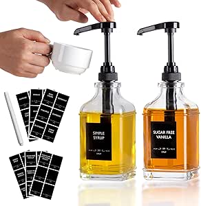 Alotpower Coffee Syrup Dispenser 16oz 2pack, Clear Syrup Dispenser with 1/4oz Capacity Pump,Syrup Dispenser for Coffee Bar-2 Glass Square Bottles with Plastic Pump and Syrup Labels