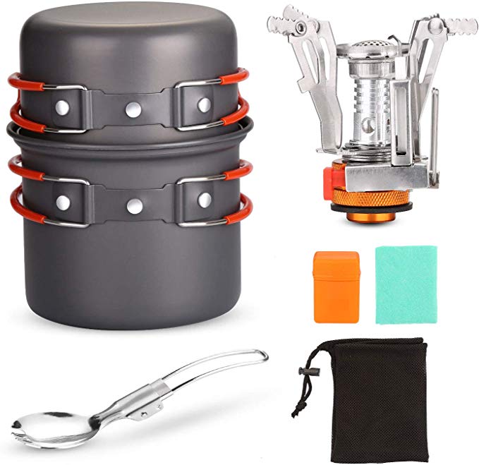 Odoland Camping Cookware Set With Stove And Pan for 1-2 People - Portable Campfire Stainless Steel Cook Gear Traveling Cooking Equipment Utensils Outdoor Cooking Kit for Trekking Hiking Picnic