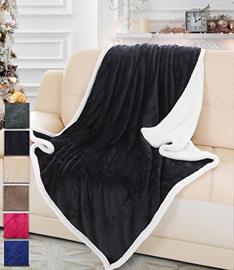 Super Soft Mink Fleece Sherpa Throw TV Blanket Reversible 50" x 60" All Season for Couch or Bed | Catalonia series by Terrania | Black