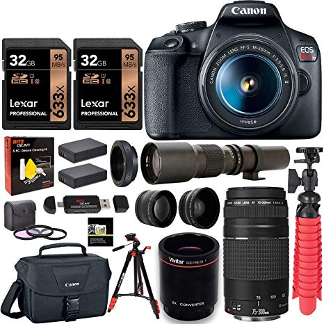 Canon EOS Rebel T7 DSLR Camera Double Zoom Kit(Successor for EOS Rebel T6)   EF 75-300mm f/4-5.6   500mm Preset f/8 Telephoto Lens   0.43x Wide Angle, 2.2X Pro Bundle  Tripod  Lexar 64GB Bundle