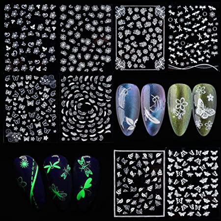 Butterfly Flower Night Glow Luminous Nail Stickers Mini Nail Art Design Decals Dragonfly Feather Foil Self-Adhesive False Nails Stickers for DIY Women, Girls Manicure Tips Decor (8 Sheets)