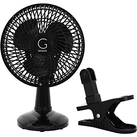 Genesis 6-Inch Clip-On Fan - Convertible Table-Top & Clip Fan, Fully Adjustable Head, Two Quiet Speeds - Ideal For The Home, Office, Dorm, & More - Black