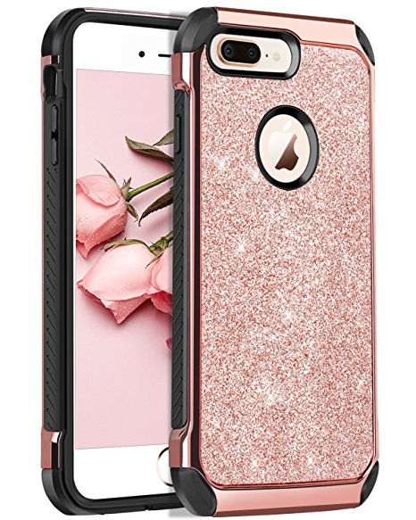 iPhone 8 Plus Case, BENTOBEN Shockproof Luxury Sleek Glitter Sparkly Bling Cute Shiny 2 in 1 Soft TPU Bumper Hybrid Hard PC with PU Faux Leather Protective Phone Cover for Girls & Women, Rose Gold