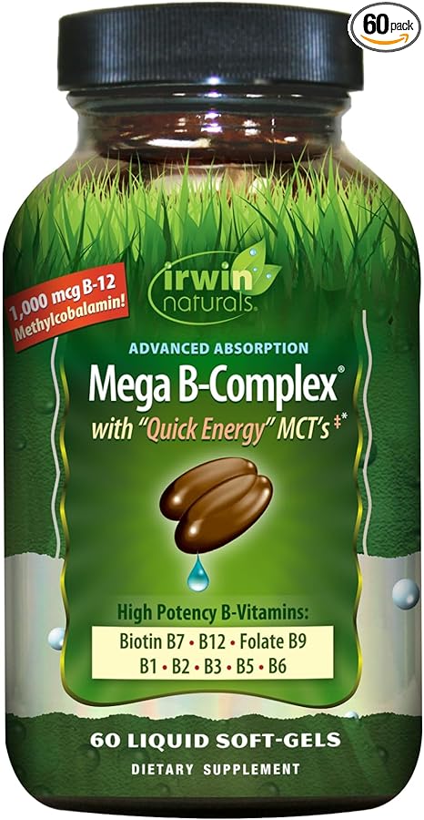 Irwin Naturals Advanced Absorption Mega-B Complex - 60 Liquid Soft-Gels - High Potency B-Vitamins with Quick Energy MCTs - 60 Servings