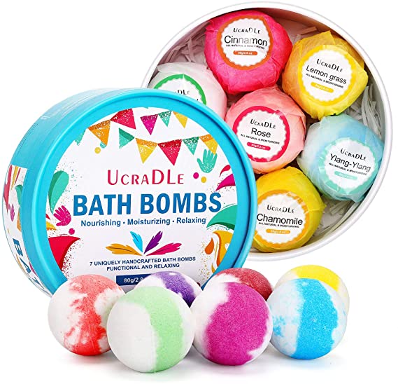 Ucradle Bath Bomb Gift Set, 7 Pcs Organic Bath Bombs With Natural Fragrance, Rich In Essential Oils And Bubbles, Relaxing Oil Spa, Christmas Birthday Gift For Women Girlfriend Mother Kids (2.8oz)