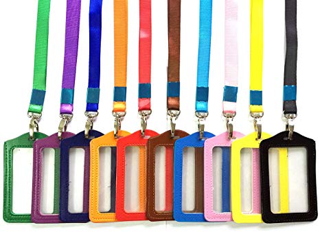 CellCase 10pcs Vertical Style Faux Leather Business Id Credit Card Badge Holder Clear Pouch Case with Long Neck Strap Band Lanyard (33.5 Inch Full Round Length) (10 Color)