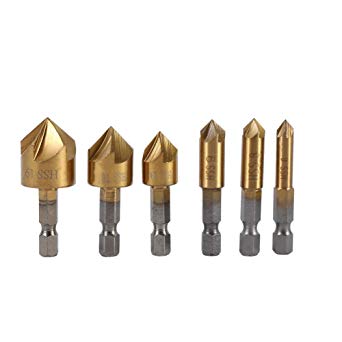 6 Pcs 1/4'' Hex Shank HSS 5 Flute Countersink Drill Bit Set 90 Degree Chamfer Countersink Set for Woodworking Drill 6mm-19mm