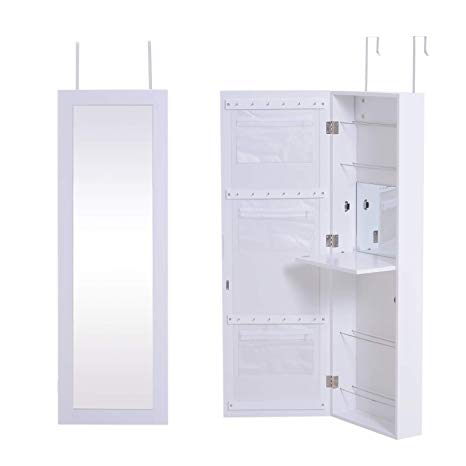 HOMCOM Wall/Door Mounted Mirror Jewellery Cabinet Cosmetics Shelf Organiser Makeup Dresser White