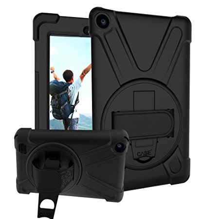Case-cubic Case for Fire 7 2015 - Full Body Rugged Cover with Kickstand, Flexible Hand Strap, HD Screen Protector for Amazon Fire 7 Tablet (7 inch Display-5th Generation, 2015 Release Only)(Black)