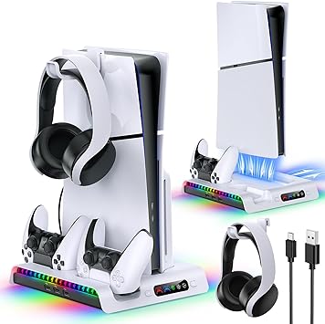 FASTSNAIL Charging Stand with Cooling Fan Only for PS5 Slim Console, Dual Controller Charger Station with 9 RGB Lights & Headset Hook & 3-Level Silent Fan, Cooler Accessories for PS5 Slim Digital/Disc