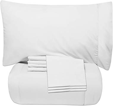 Sweet Home Collection 7 Piece Bed-In-A-Bag Solid Color Comforter & Sheet Set, King, White