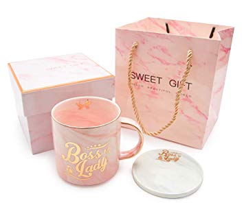 Boss Lady Mugs- Best Christmas and Birthday Gifts for Women Boss Mom- Pink Marble Ceramic Coffee Cup 11.5oz and FREE Coasters