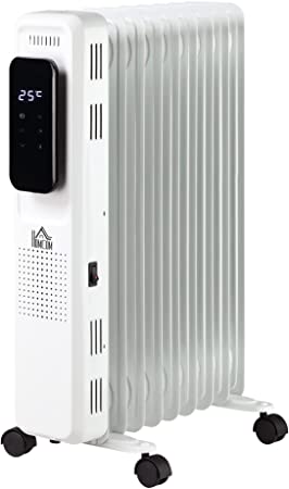 HOMCOM Radiador de Aceite 2180W 3 Modos de Calefacción con 9 Elementos Pantalla LED Control Táctil Termostato Temporizador 24H y Ruedas Bajo Consumo 20 m² 42,5x24x63 cm Blanco