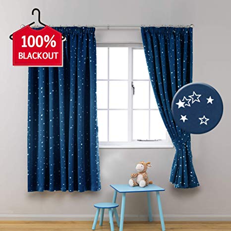 H.Versailtex Full Blackout Pencil Pleat Curtains for Bedroom - Thermal Insulated Nursery Essential Starry Night Sleep-Enhancing Ring Top Drape Primitive Navy Stars Window Treatment for Kid's Room, 66'' Width x 72'' Drop