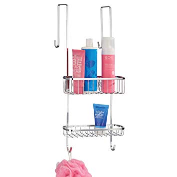 mDesign Over Door Shower Caddy - Practical Shower Shelves - No Drilling Required - Polished Stainless Steel Hanging Shower Baskets - Silver