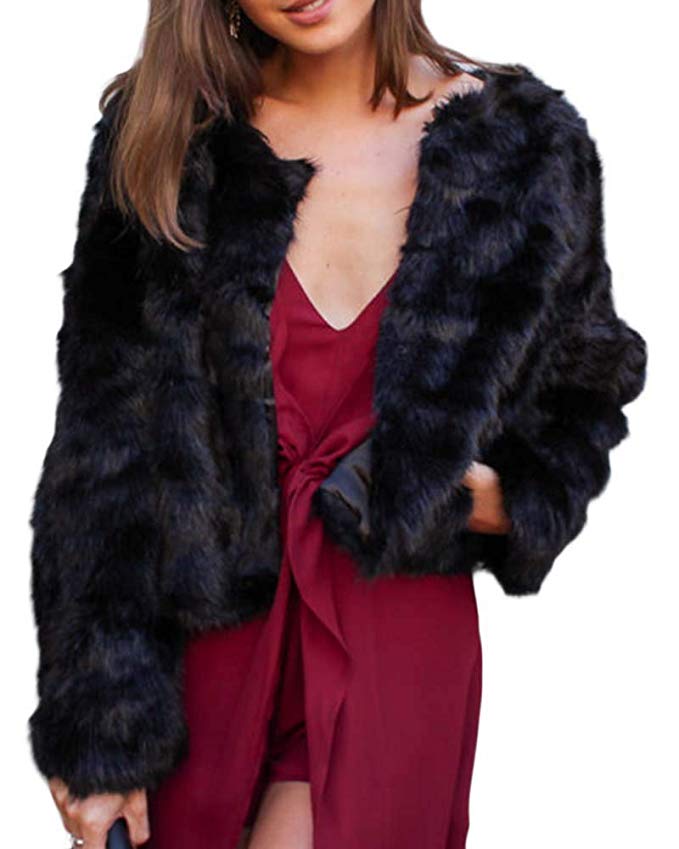 Jeanewpole1 Women Faux Fur Jacket Coat Open Front Fluffy Vintage Parka Shaggy Cardigan