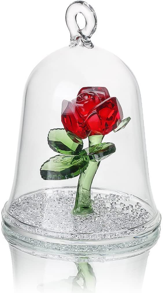 H&D Crystal Enchanted Rose Flower Figurine Dreams Ornament in a Glass Dome Gifts for her(Red)