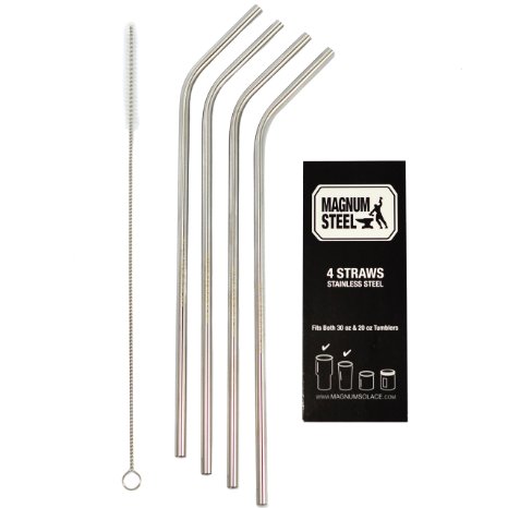 Stainless Steel Drinking Straws, Set of 4, Fits Both 30 oz and 20 oz Tumblers, Magnum Steel, Universal Fit, Cleaning Brush Included