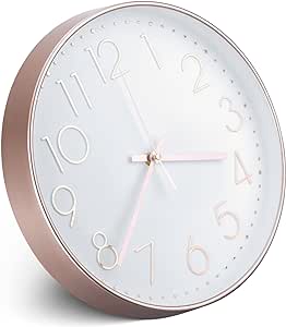 Navaris No Ticking Wall Clock - Contemporary Modern Design Silent Battery Powered Wall Mounted Clock for Kitchen Living Room - Rose Gold/White