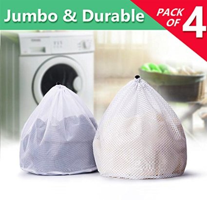 Drawstring Lingerie Laundry Wash Bags Set for Delicates, Garments, Blouse, Sweaters, Bras, and Quilts, Set of 4, Include 4 Dimensions and 2 Different Type of Mesh Density