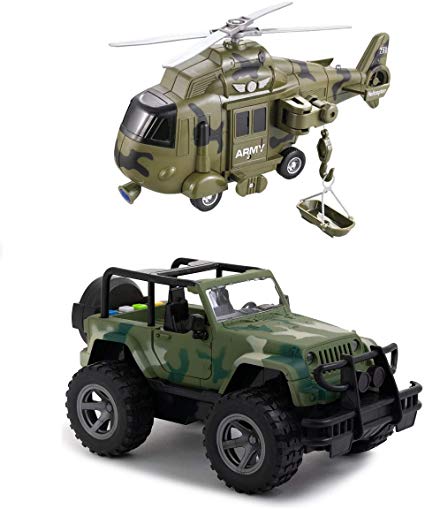 Toy To Enjoy Army Helicopter & Truck Toy with Flashing Light & Sound Effects - Friction Powered Wheels & Openable Doors - Heavy Duty Plastic Military Toy for Kids & Children