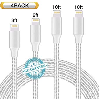 DANTENG Phone Cable 4Pack 3FT 6FT 10FT 10FT Nylon Braided Charging Cables USB Charger Cord, Compatible with Phone Xs MAX XR X 8 Plus 7 6 6 Plus 5S SE Pad Pod Nano-Silver