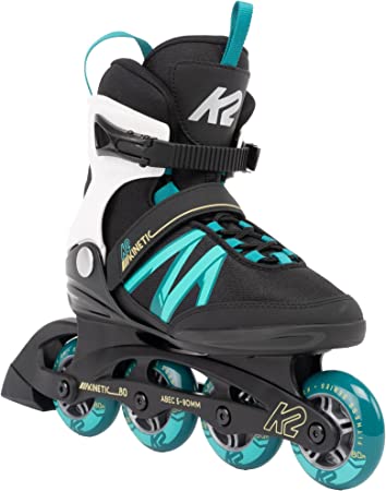 K2 Traditional Lacing Leasure Inline Skates Kinetic 80 Black and Turquoise, Stability Plus Cuff, B.I Frame for Womens