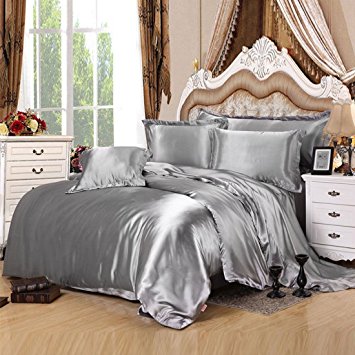 uxcell Silver Gray Satin Silk Like Solid Color Bedding Set Duvet Cover Silk Pillowcase Silk Sheet,Queen Size