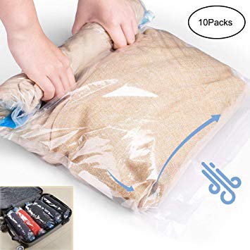 NovoLido Travel Space Saver Bags (10 Packs), 3 Sizes (L-M-S) of Airtight Compression Bags Travel Storage Bags, No Vacuum Pump Needed, Reusable Packing Sack Organizers for Travel Home (Transparent)
